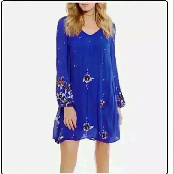 Free People Oxford Embroidered Mini Swing Dress Size Medium Cobalt Blue Indie - Picture 1 of 14